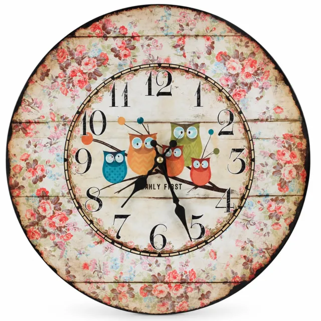 SWGOTA Ronde wandklok met uilen en bloemenkrans - Stil uurwerk, cijfers en zwarte wijzers - Enkelzijdige wanddecoratie Multicolour