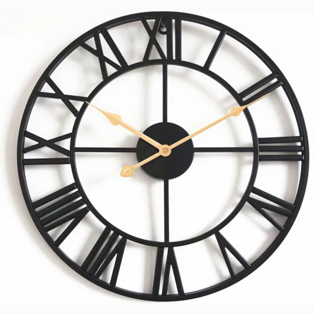 Famanu Wandklok in vintage-stijl, rond, van metaal, zwart, met Romeinse cijfers, decoratieve klok voor woonkamer, slaapkamer en keuken (40 cm