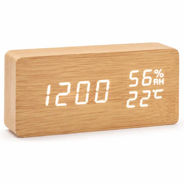 TIN-IN Digitale klok - Bureauklok - Wooden look - Licht hout + Witte cijfers met Temperatuur- en Luchtvochtigheidsmeter