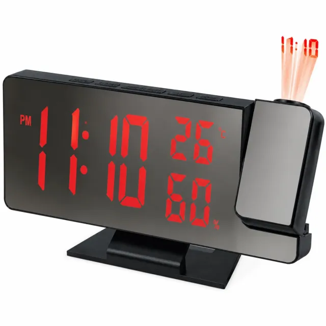 SWGOTA Digitale LED-klok met groot rood display, temperatuur- en luchtvochtigheidsweergave, tijdprojectie, zwarte behuizing en voet