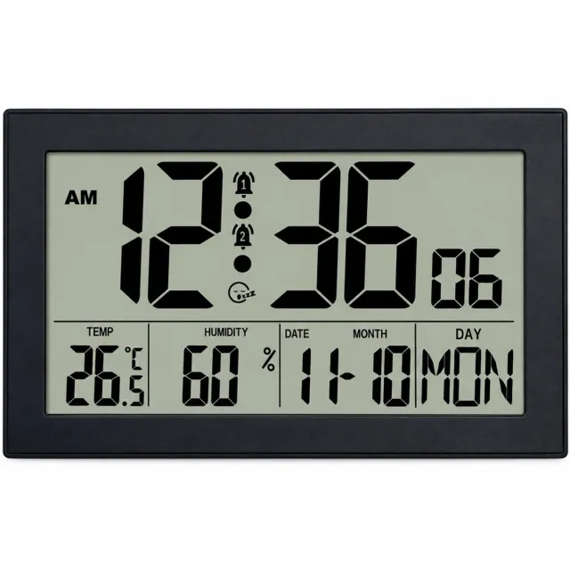 SWGOTA wekker met digitaal LCD-display zonder achtergrondverlichting - Temperatuur, luchtvochtigheid en kalender - Zwarte wandklok op batterijen - 20.2 x 12.4 x 2.6 cm