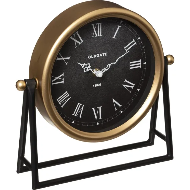 Atmosphera Tafelklok Roma - goud/zwart - H26 cm - Dia klok 21 cm - glas/metaal - op standaard Goudkleurig