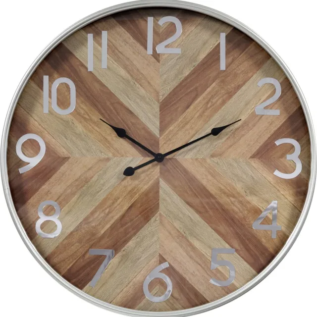 LW collection wandklok zilver hout met glas 60cm - Grote moderne houten zilverkleurige glazen muurklok - Houten klok stil uurwerk - Wandklok hout glas