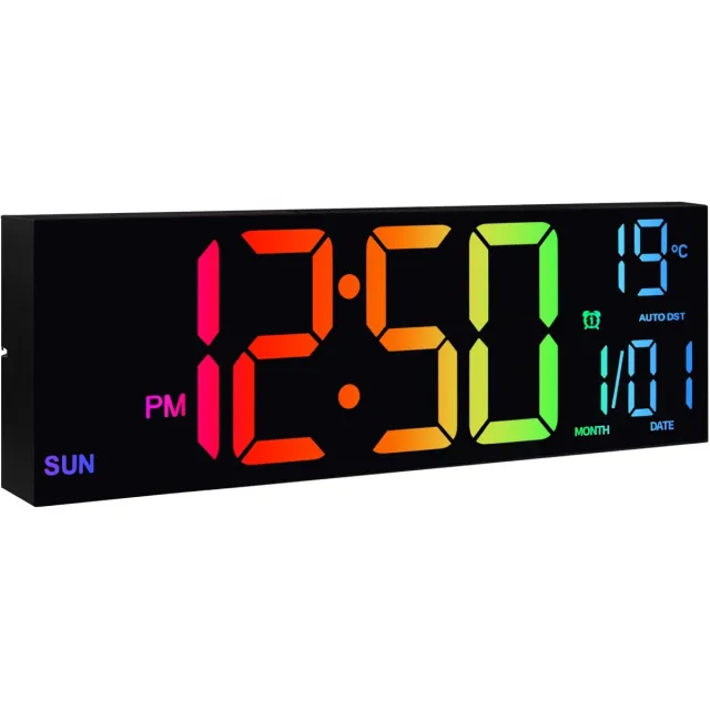 MOLHAUS Digitale Klok - Wandklok - LED - 8 Kleuren - 16 Inch Scherm- Temperatuur - Datum - Nachtlampje - Afstandsbediening Meerkleurig