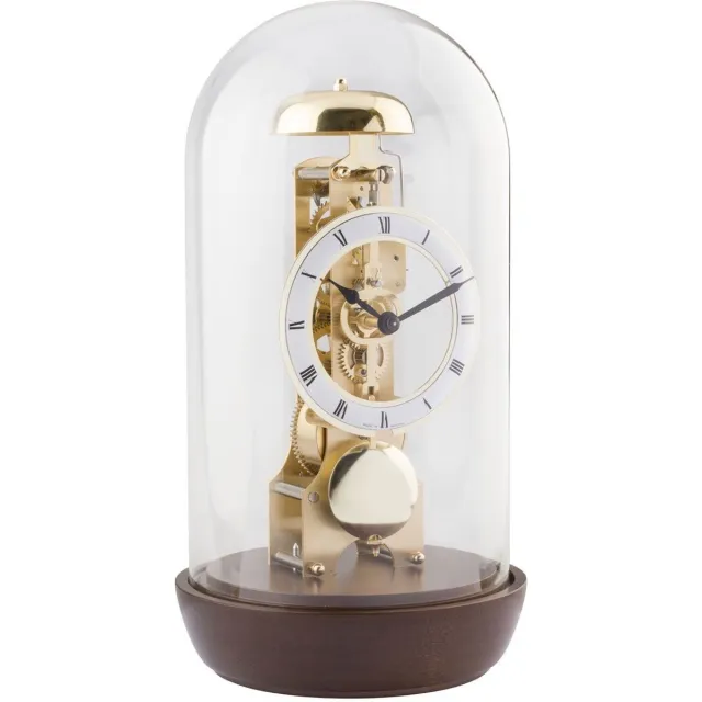 HERMLE Tafelklok mechanisch noten voet / glazen stolp / opwinden met sleutel 23018-030791 - 14 daags uurwerk Bruin