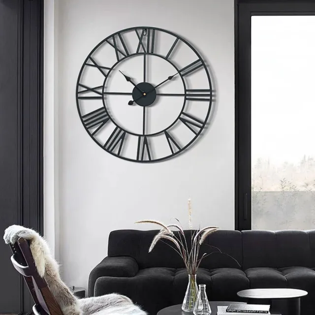 OKWISH Wandklok Grote Stille Retro - Met Romeinse Cijfers 50 Cm - Voor Woonkamer Keuken En Slaapkamer - Metaal - Zwart