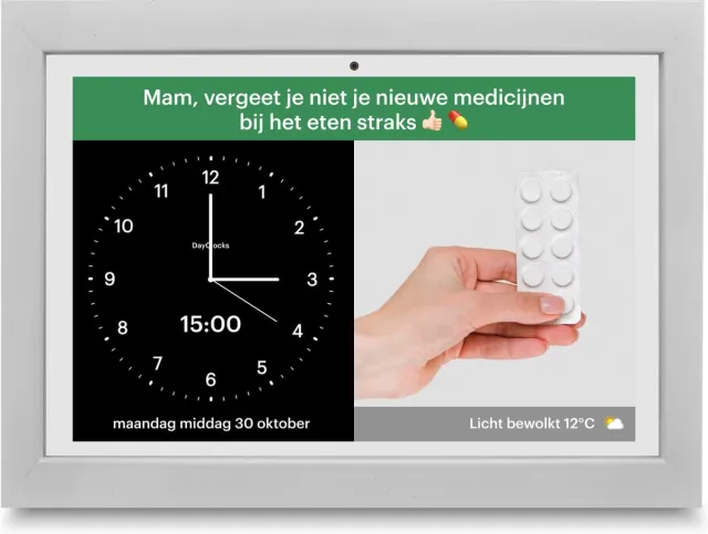 Dayclocks Vanaf 2026 vernieuwd: DayClock Generations10 Wit met Witte Lijst; Dementieklok / Seniorenklok met verbeterd en onbeperkt beeldbellen, YouTube-video's, foto's, berichten en meer (met 3 maanden gratis abonnement)