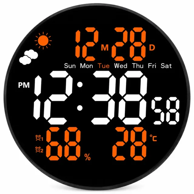 SWGOTA Ronde digitale LED-wandklok met oranje accenten, datum, weekdag, temperatuur en luchtvochtigheid voor woonkamer en kantoor
