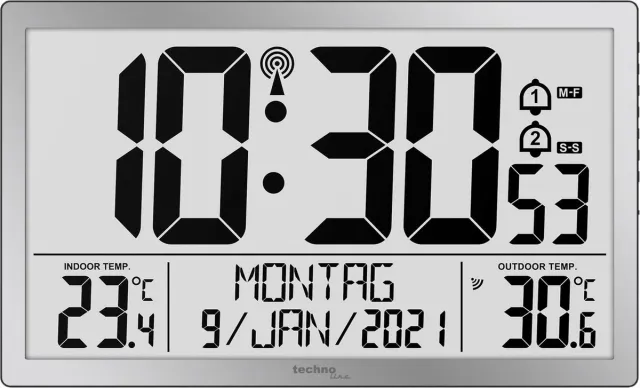 Technoline WS 8113 - Wandklok - Digitaal - Rechthoek - Radiogestuurde tijdsaanduiding en Handmatig - 12/24 - Datumaanduiding - 7 talen - Binnen- en buitentemperatuur - 2 alarms - Snooze - Kunststof - Cijfers - Zilverkleurig