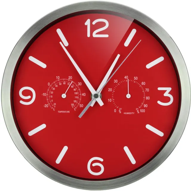 Famanu Radiogestuurde wandklok met thermo-hygro functie, geruisloos radiouurwerk, roestvrijstalen frame en weergave voor temperatuur en luchtvochtigheid, afmetingen 250 x 250 mm in rood