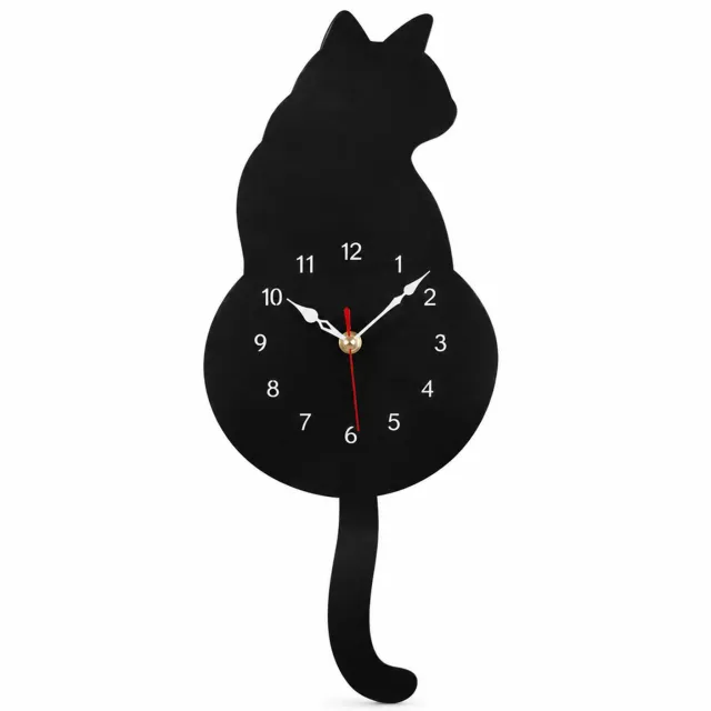 SWGOTA Zwarte kattenwandklok van acryl zonder ogen, met cijfers, wijzers en bewegende staart, voor woonkamer of slaapkamer