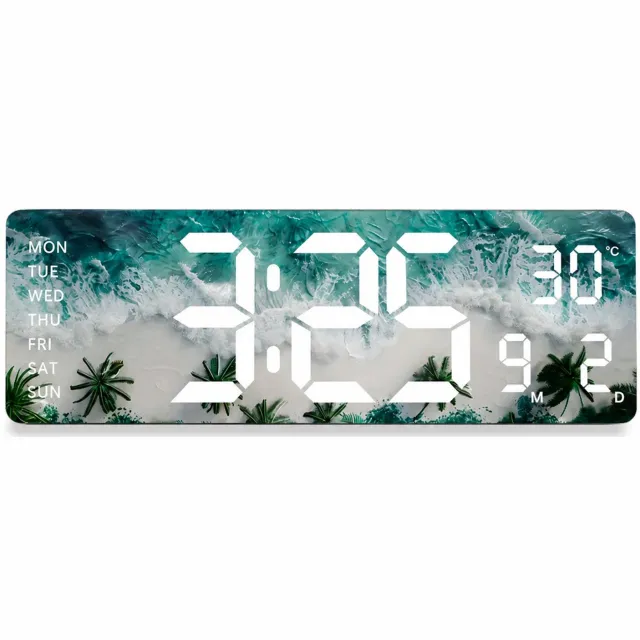 SWGOTA Digitale LED-wandklok 38,8 x 12,3 cm - witte cijfers, temperatuur, datum en weekdagen - strand- en palmmotief Meerkleurig