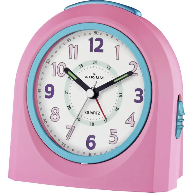 Atrium Wekker - Kinderen - Meisjes - Jongens - Analoog - Zonder tikgeluid - LED-licht - Licht/ wijzerplaatverlichting - Glow-in-the-dark wijzers - Roze / Blauw - Opbouwend geluidniveau - Grote drukknoppen - Snooze - Slaapkamer - Klok - A921-17