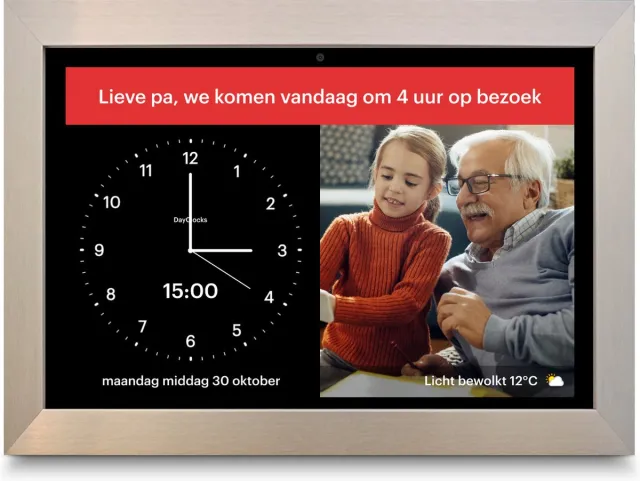 Dayclocks Vanaf 2026 vernieuwd: DayClock Generations10 Zwart met Titaan Lijst; Dementieklok / Seniorenklok met verbeterd en onbeperkt beeldbellen, YouTube-video's, foto's, berichten en meer (met 3 maanden gratis abonnement)