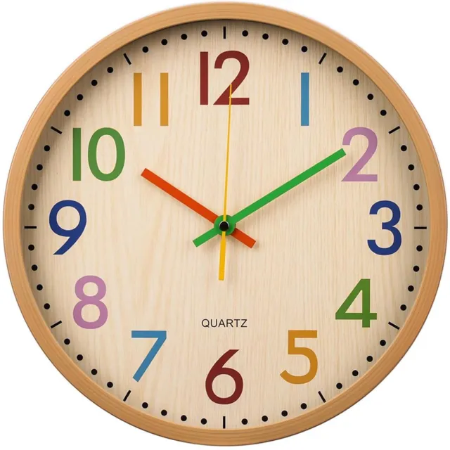 Flintry Kleurrijk Stille Wandklok - Kinderklok - Tikt Niet - Werkt Op Batterijen - Ronde Klok Met Bamboenerf - Voor Klaslokaal, School, Kantoor, Slaapkamer, Kinderkamerdecoratie - 30 cm