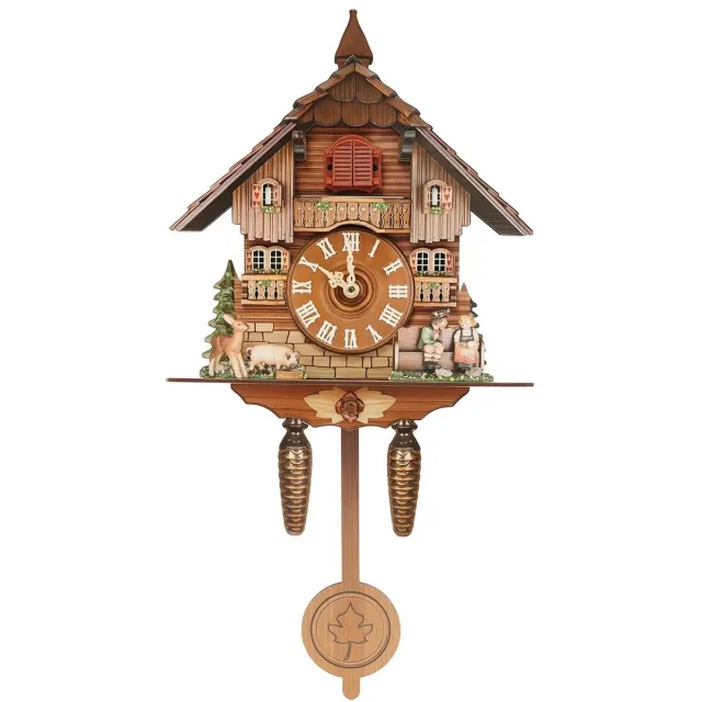 OwlyVision™ Vintage koekoeksklok met vogelgeluid - decoratieve wandklok in houtlook met Romeinse cijfers - 25 x 10 x 50 cm Brown