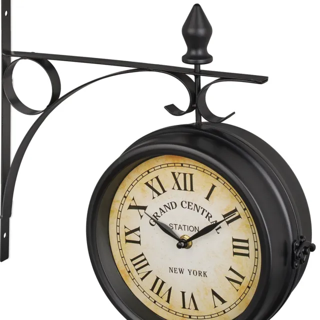 Relaxdays stationsklok dubbelzijdig - New York retro - Ø 20 cm - op batterijen - vintage wandklok zwart