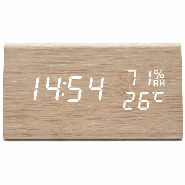 SWGOTA wekker met witte LED-weergave - Tijd, temperatuur en luchtvochtigheid - Houten behuizing met bamboeafwerking - Externe voeding Beige