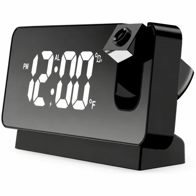 SWGOTA Oplaadbare digitale LED-spiegelwekker, zwart met witte cijfers, groot display en voet, inclusief USB-laadkabel