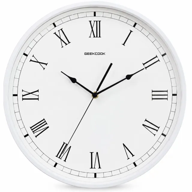 SWGOTA Ronde wandklok 35 cm met wit metalen frame - Romeinse cijfers en wijzers - Enkelzijdig voor binnen