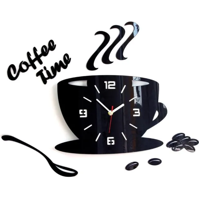 mandee.nl COFFIE TIME 3D Design Klok voor Keuken Cijfers & Strepen - Wandklok- Moderne Klok - Wanddecoratie - Home & Living Design Wand Decor 64 x 43 cm Zwart