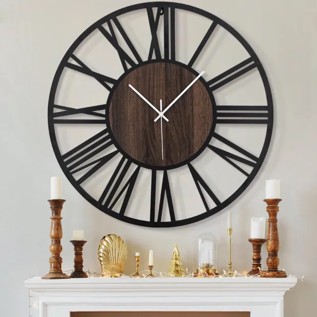 ‎HAITANG HAITANG 80 cm ronde houten wandklok zwart voor woonkamerdecoratie, vintage stijl Romeinse cijfers stille, niet-tikkende hangklokken voor huis, tuin, kantoor, café, kamerdecoratie