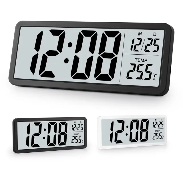 carmdering Digitale wekker - Digitale klok - Digitale wandklok - groot display met datum en temperatuur - batterij of USB, wand of tafel - stil, geen getik - Zwart, ideaal voor slaapkamer en kantoor