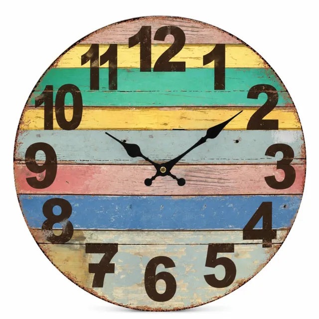 SWGOTA Stille ronde MDF-wandklok van 12 inch met grote cijfers en kleurrijke retro houtlook Multicolour