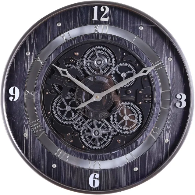 Fresco Wandklok 60 Ø cm met Bewegende Tandwielen – Black Wood & Silver – Grote Industriële Wandklok Zwart