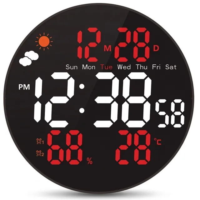SWGOTA Digitale wekker - ronde LED-wandklok van 10 inch - wit-rode weergave - temperatuur, luchtvochtigheid en kalender - externe voeding