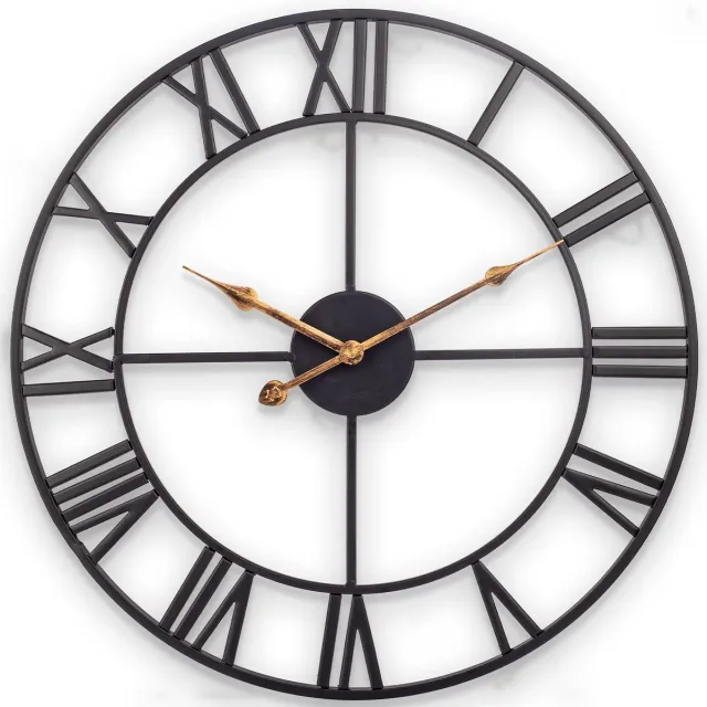 SkyNature Grote Europese industriële vintage wandklok met Romeinse cijfers, zonder tikkend geluid, metalen wandklok, voor woonkamer, keuken, slaapkamer - 35 cm, zwart