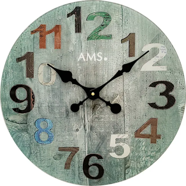 AMS W9651 - Wandklok - Analoog - Rond - Glas - Bedrukte wijzerplaat - Multikleur - 40 cm ø