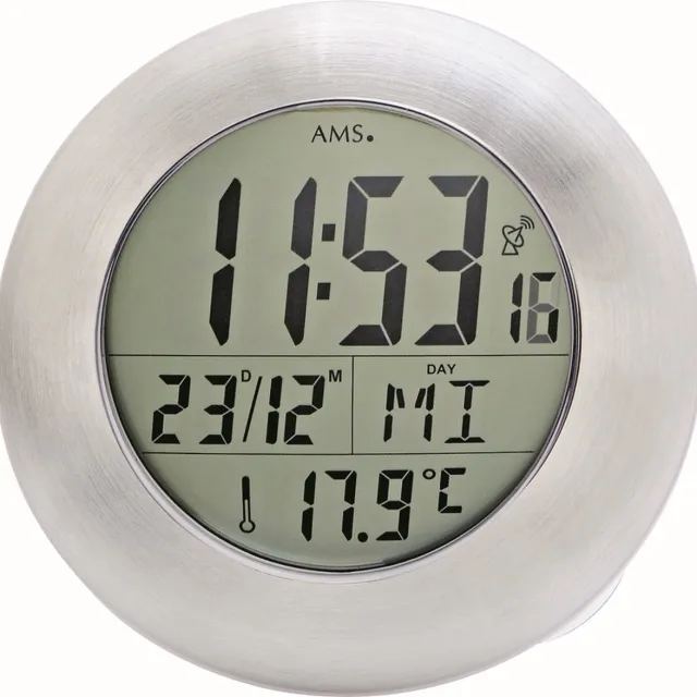 AMS F5929 - Wandklok - Digitaal - Kunststof - Radiogestuurde tijdsaanduiding - Mineraal Glas - Zuignappen - Zilverkleurig - Wit