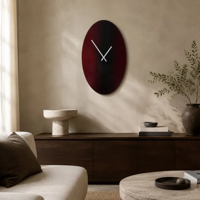 Fameilleur Exclusive Ovale Wandklok Burgundy/Zwart – Moderne Designklok 27 x 46 cm met Zilverkleurige Wijzers- wandklok, ovale wandklok, design wandklok, moderne wandklok, burgundy wandklok, zwarte wandklok, wandklok zonder cijfers- wand klok