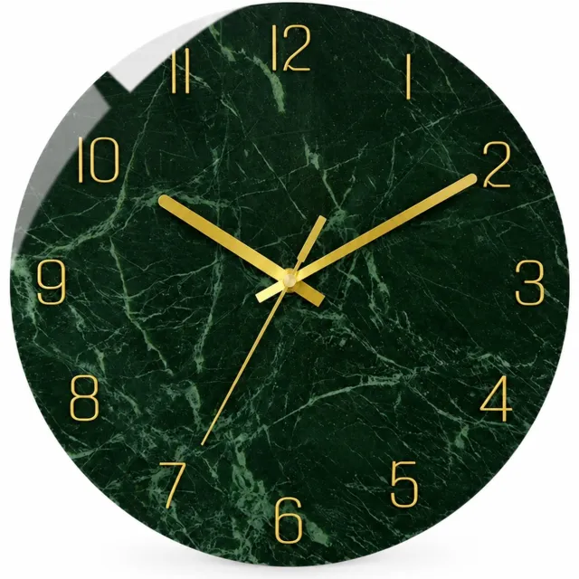 SWGOTA Stille wandklok van gehard glas, 12 inch, groen steenmotief met goudkleurige cijfers en wijzers