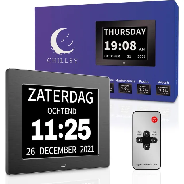 Chillsy Digitale Dementieklok XL – Kalenderklok met Datum en Dag – Alarmfunctie – 8 inch Zwart