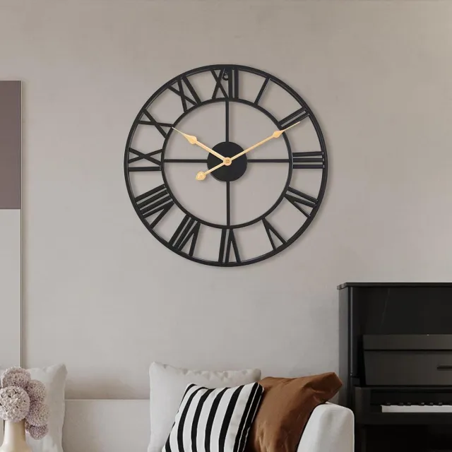 Famanu Wandklok zonder tikken, geluidsarm, 60 cm, Romeinse cijfers, kwarts, werkt op batterijen, gemakkelijk af te lezen wandklok voor kamer, t Zwart