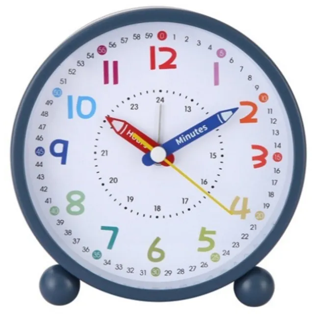Oemmn 4,5 Inch Ronde Wekker voor Kinderen - Educatieve Leerklok om Tijd te Leren, Kleurrijke Cijfers, Batterij‑gevoede Tafelwekker voor Slaapkamer en Bureau, Voor Jongens en Meisjes, Cadeau voor Schoolgaande Kinderen Donkerblauw