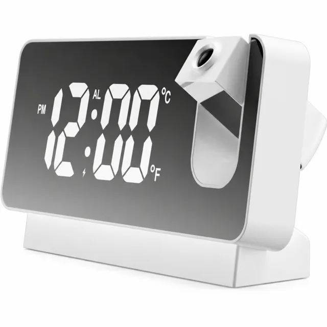 SWGOTA Digitale LED-wekker met spiegelpaneel en tijdprojectie, witte behuizing en wit licht, met voet en USB-kabel