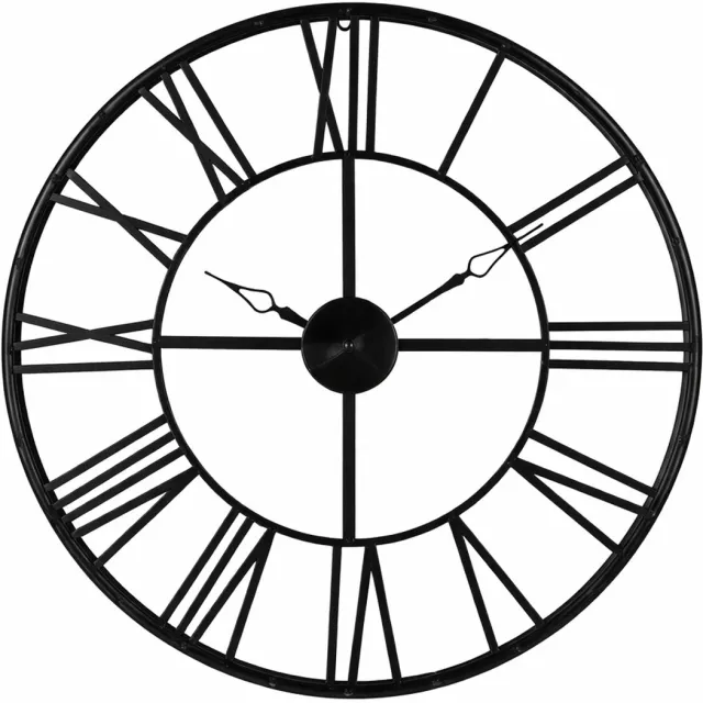 WDMT Metalen Ronde Vintage Wandklok Ø 69 cm Zwart – Grote Industriële Open Wijzerplaat met Romeinse Cijfers – Minimalistisch Skelet Design – Statement Muurklok voor Woonkamer, Keuken, Hal & Kantoor – Zwart