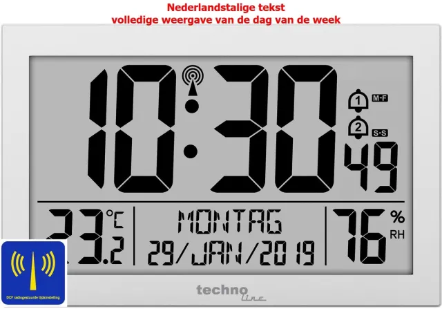 Technoline Klok - weergave van - datum - temperatuur - luchtvochtigheid / hygrometer - 80WS16 aluminium