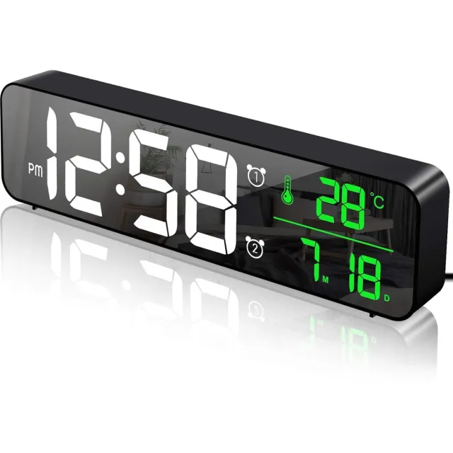 meerklose wekker Digitaal groot LED-display met temperatuur- en datumkalender, nachtkastklok Wandklok Spiegel met 40 muziek 2 alarmen 6 niveaus instelbare helderheid 4 volume, USB-lading, zwart