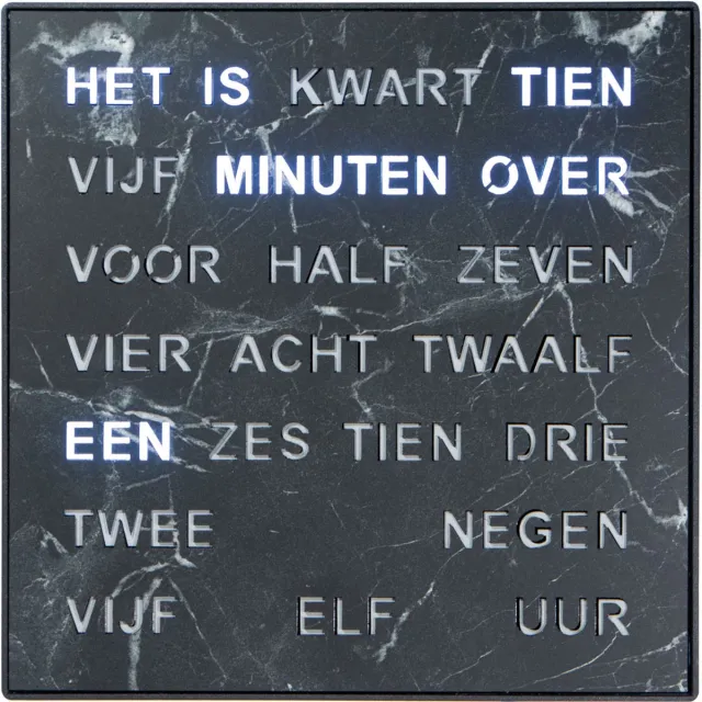 Intertime Woordklok | Wandklok | Tafelklok | 28x28 | Zwart/ Marmer | Nederlands Zwart- Wit