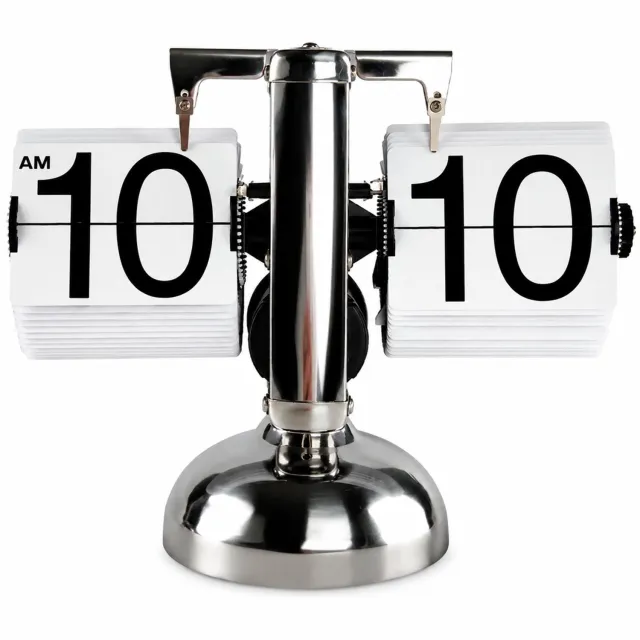 SWGOTA Automatische flipklok 12-uurs, 8 inch, witte cijferpanelen met RVS standaard, retro tafelklok