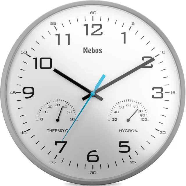 Mebus moderne quartz wandklok met temperatuur- en vochtigheidsweergave, 30 cm diameter, woonkamer, keukenklok, rond / Model: 16182 / Kleur: Grijs