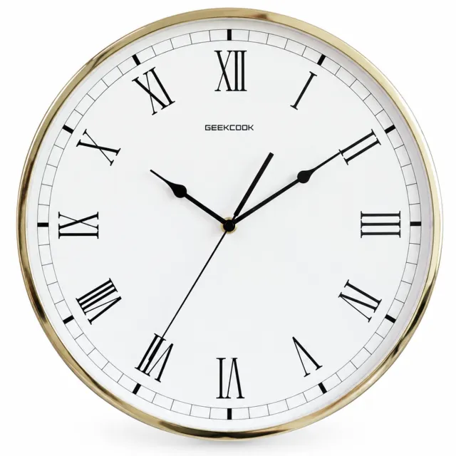 SWGOTA Ronde wandklok 35 cm - hoogglanzend goudkleurig metalen frame - Romeinse cijfers en witte wijzerplaat