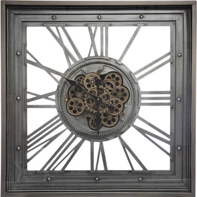 mandee.nl MEKA Design Metalen Wandklok Vierkant 80 x 80 cm - Kamer Muurklok - Grote Radar Vierkante Stoere Wandklok - Wandklok met Draaiende Tandwielen 80cm - Radar Wandklok Zilver - Wandklok met Bewegende Elementen - Stijlvolle Interieurdecoratie grijs