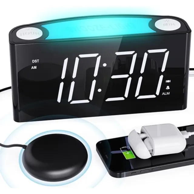Verte Slaapwekker - Wekker met Trilfunctie voor Diepe Slapers en Mensen met Een Gehoorbeperking - Type C-Oplader - 12/24-Uursweergave - Luide Wekker met 7-Kleurig Nachtlampje - Groot LED-Display - Dimfunctie - Snooze-Functie - Digitale Wekker Zwart