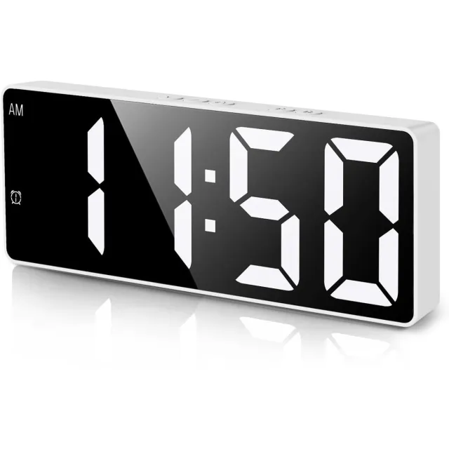 PolkaHome Digitale Wekker voor Slaapkamer – LED Wekkers Digitaal met Temperatuurweergave, Instelbare Helderheid, 12/24H Uurklok – Moderne Wekker voor Kinderen en Volwassenen wit spiegelontwerp