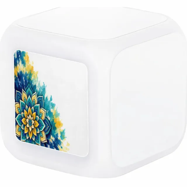 Mr Cadeautjes Digitale wekker - design Een grote, centrale zonnebloemmandala op een zachte aquarelw | cadeau Wit